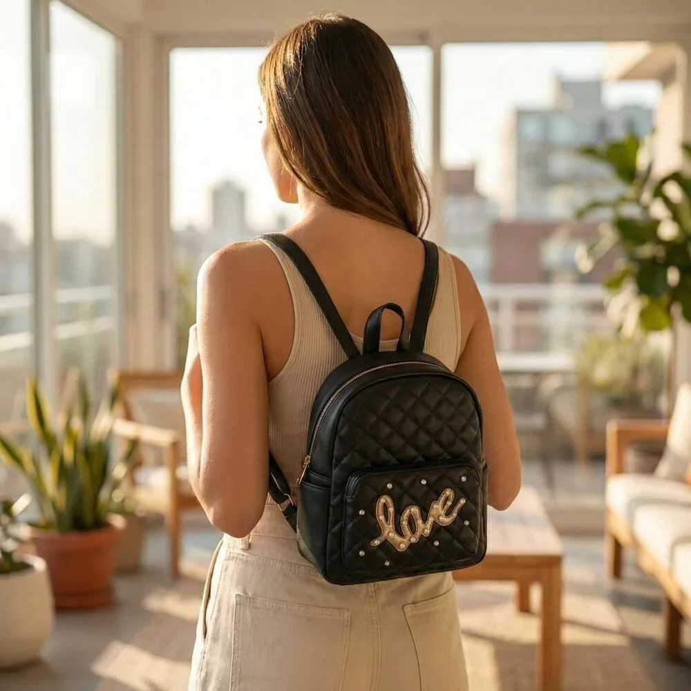 Olivia Miller Quilted Black Mini Backpack Love Pearl Embellished Faux Leather
